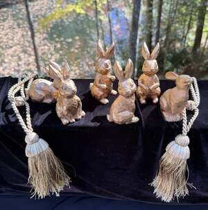 6 Gold Bunny Figure Ornaments & 2 Gold Cords With Tassels Christmas Easter -LO34